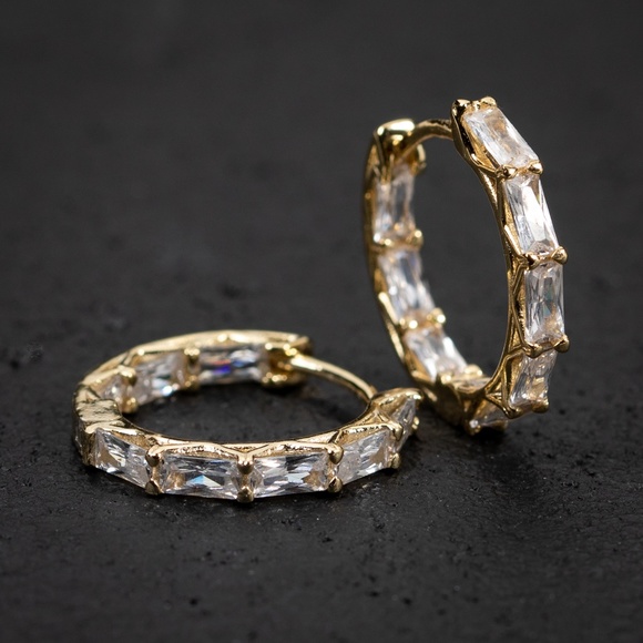 Mens Small Thin Yellow Gold Sterling Silver Diamond Iced Baguette Hoop Earrings - Picture 1 of 5